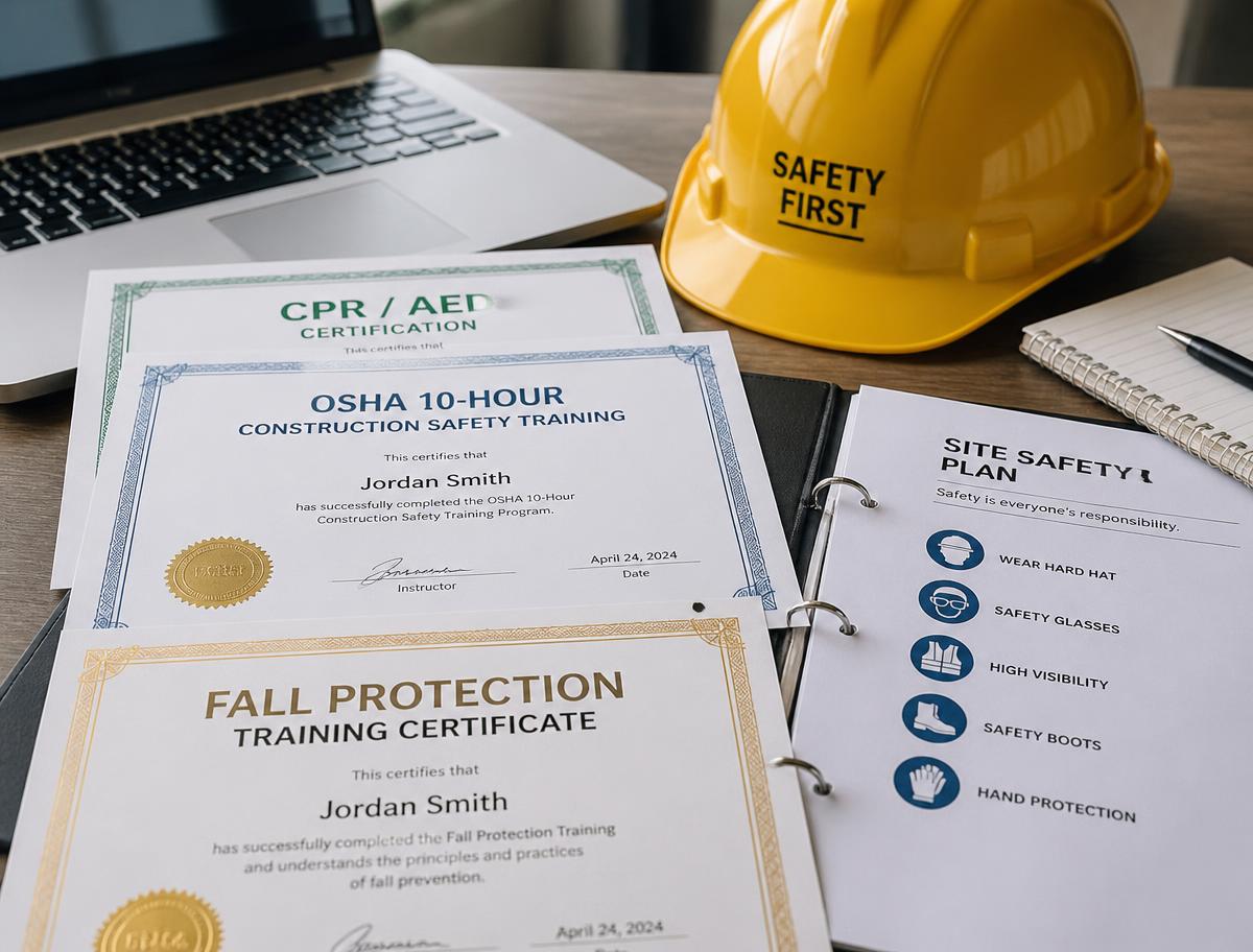 Attestati di formazione sulla sicurezza e casco di protezione su una scrivania