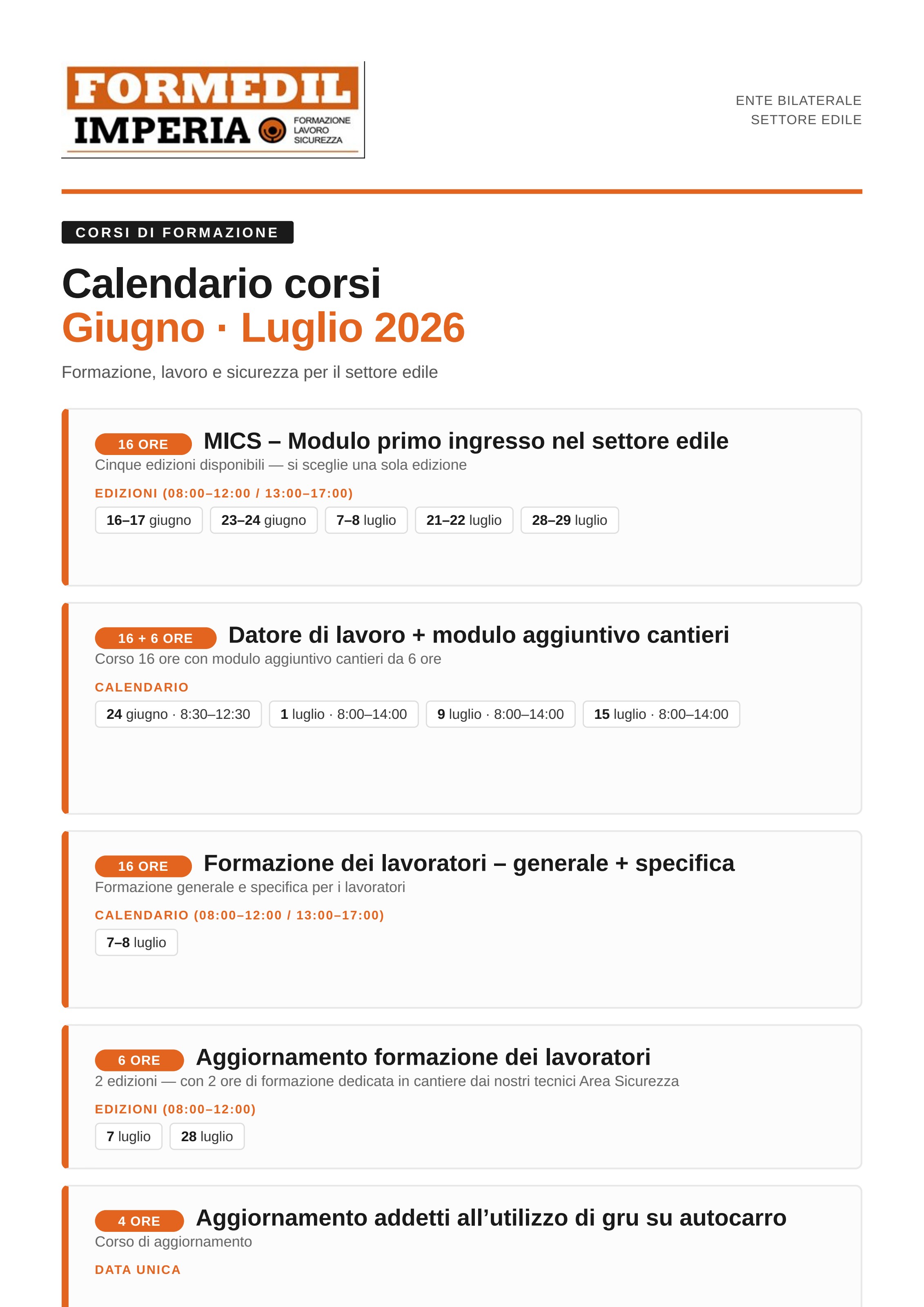 Calendario corsi Giugno · Luglio 2026
